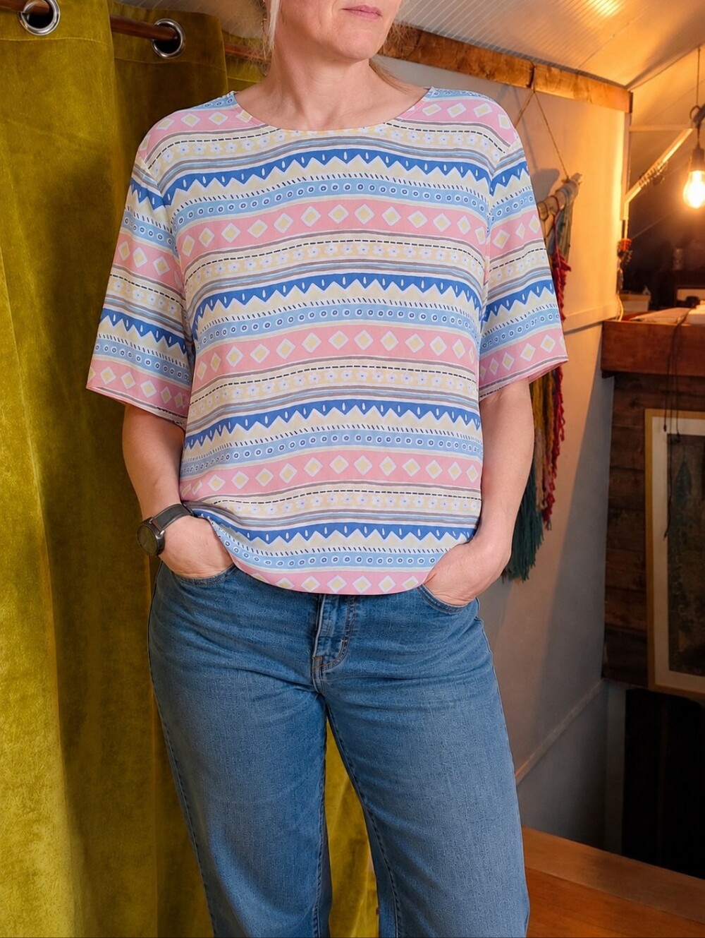 Vintage Nicole Summers 100% Silk Blouse | Pastel Geometric Print | Size 16